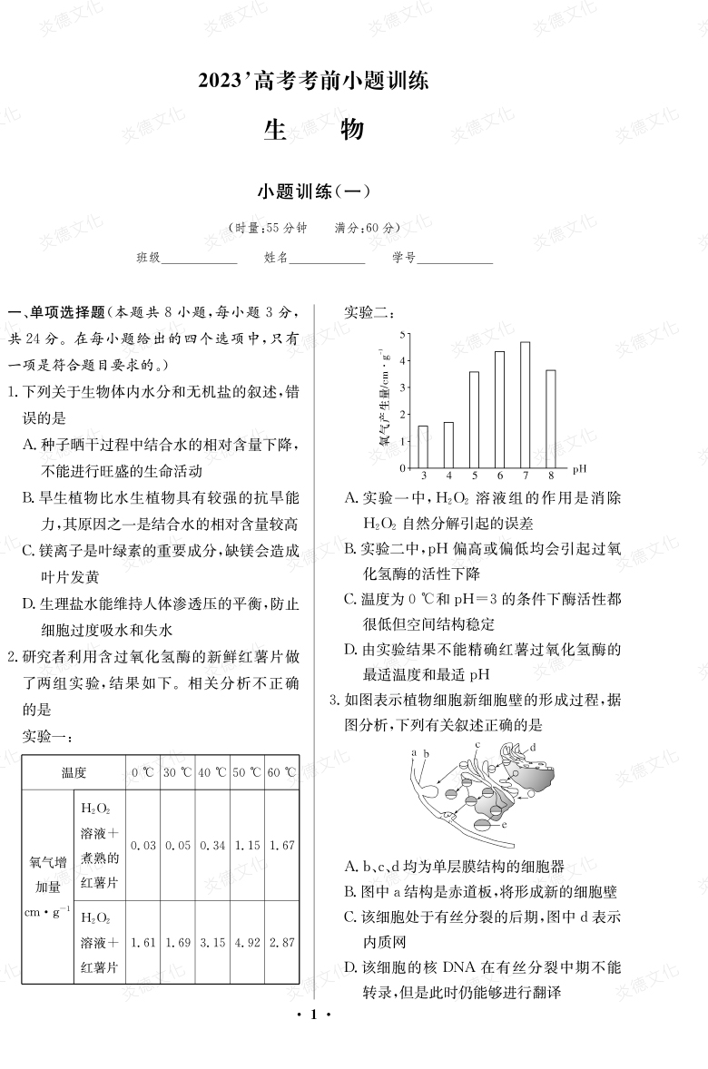 [生物]湖南師大附中2023高考考前小題訓(xùn)練