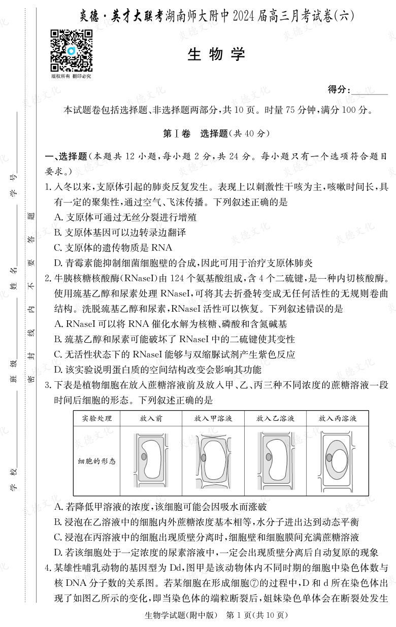 [生物]炎德英才大聯(lián)考2024屆湖南師大附中高三6次月考