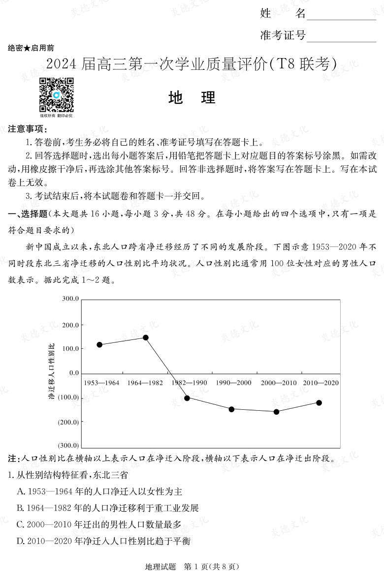 【地理】2024屆高三第一次學(xué)業(yè)質(zhì)量評(píng)價(jià)（T8聯(lián)考“附中5次”）